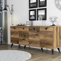 Buffet moderne 4 portes effet noyer, poignées à anneaux UMEA