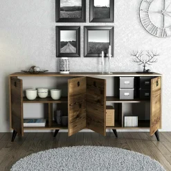Buffet moderne 4 portes effet noyer, poignées à anneaux UMEA