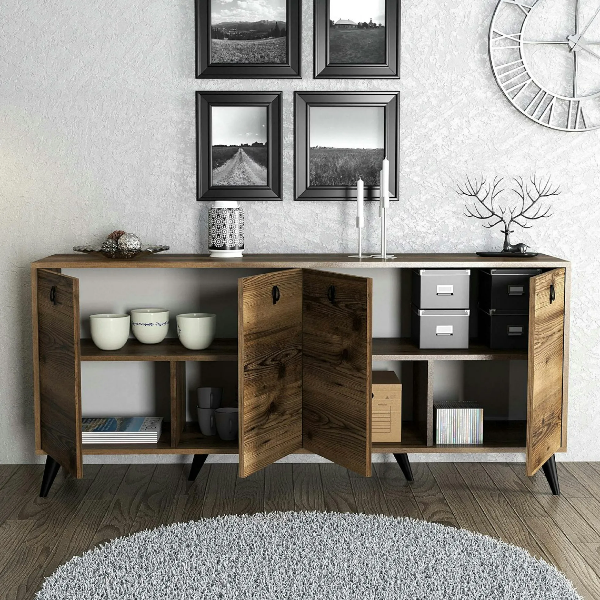 Buffet moderne 4 portes effet noyer, poignées à anneaux UMEA