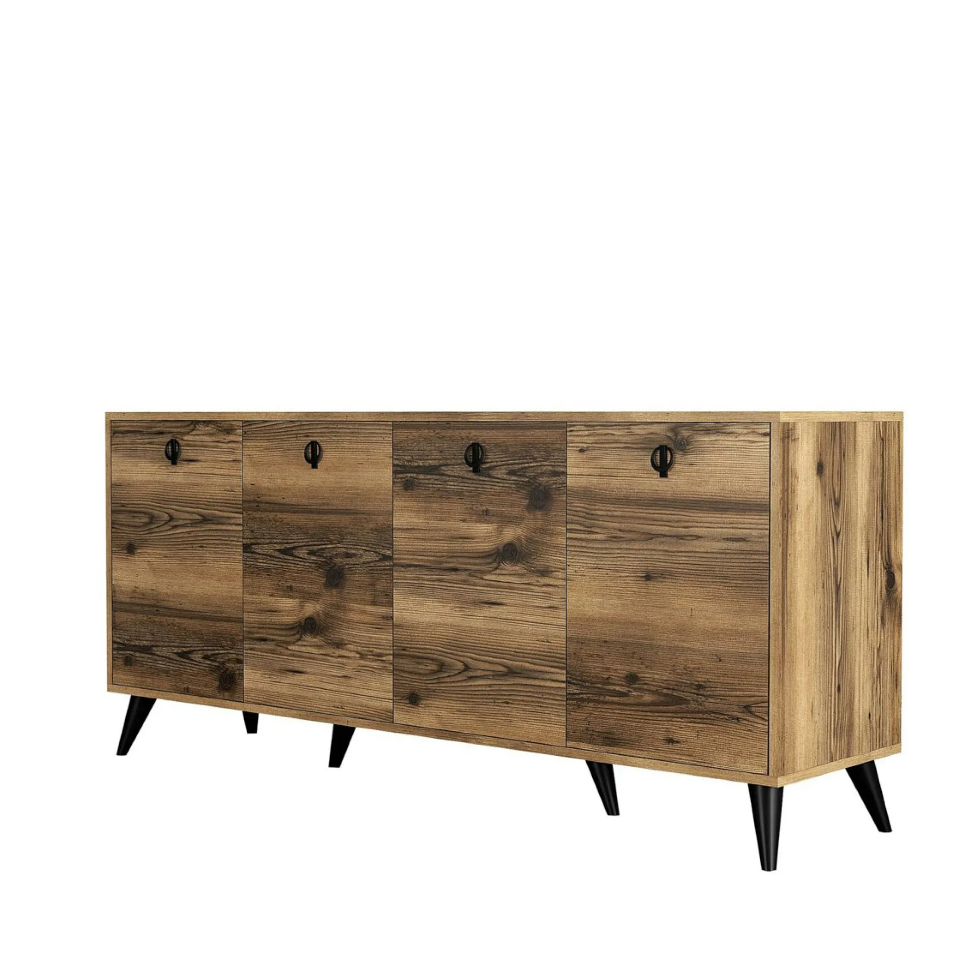 Buffet moderne 4 portes effet noyer, poignées à anneaux UMEA