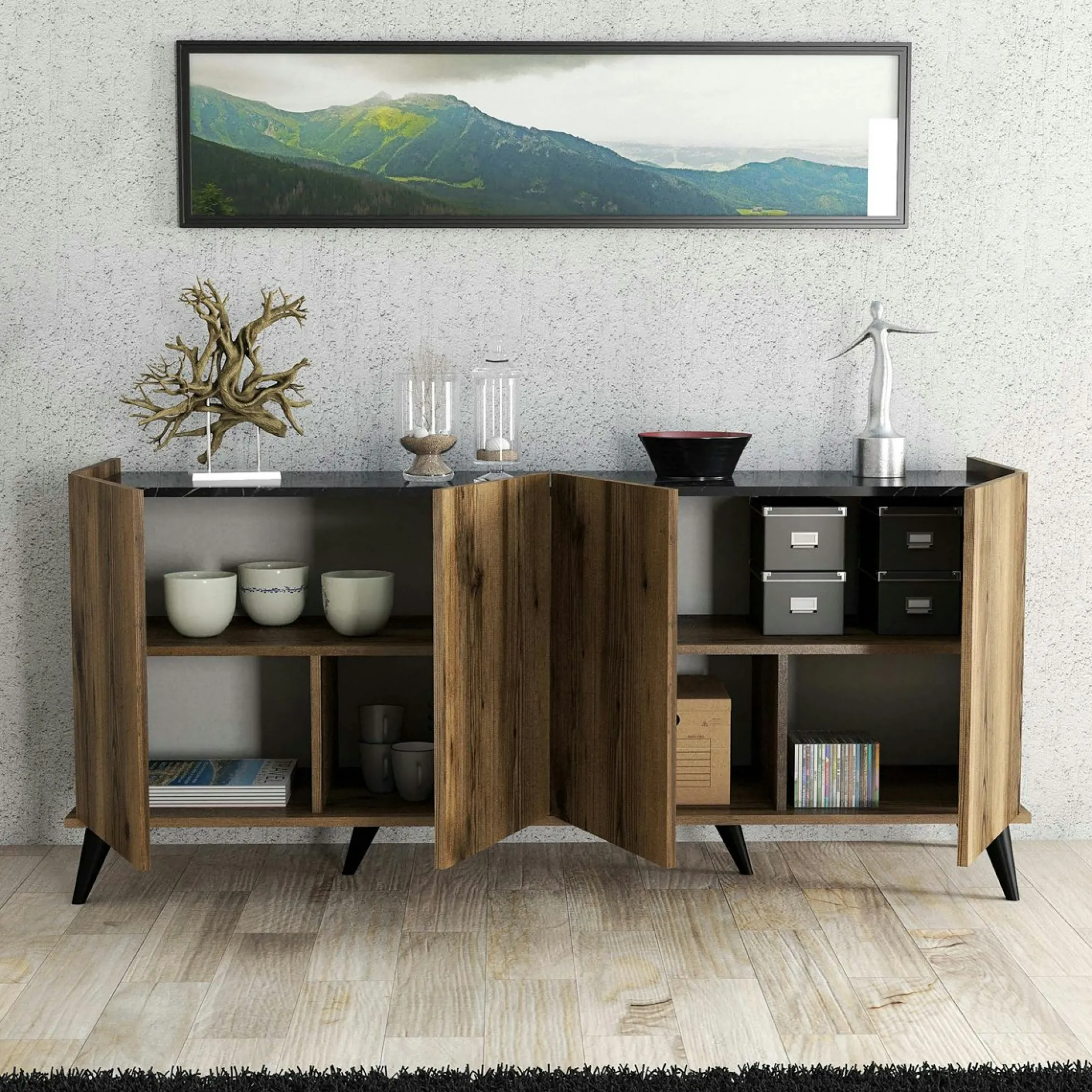 Buffet moderne 4 portes effet noyer et marbre noir UMEA