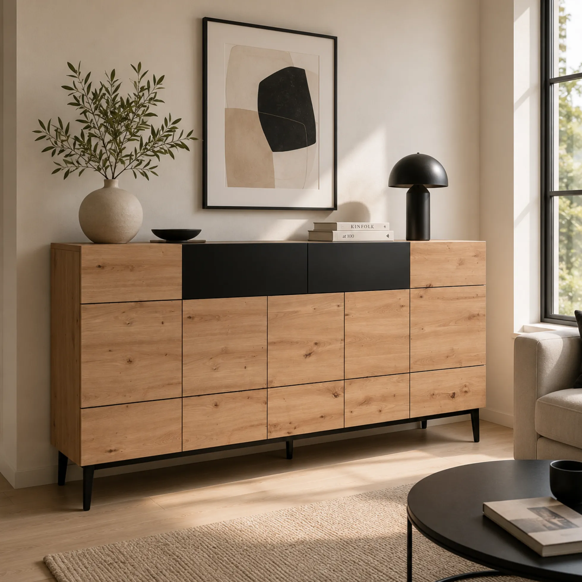 Buffet moderne 5 portes 1 tiroir décor bois et noir ALVA