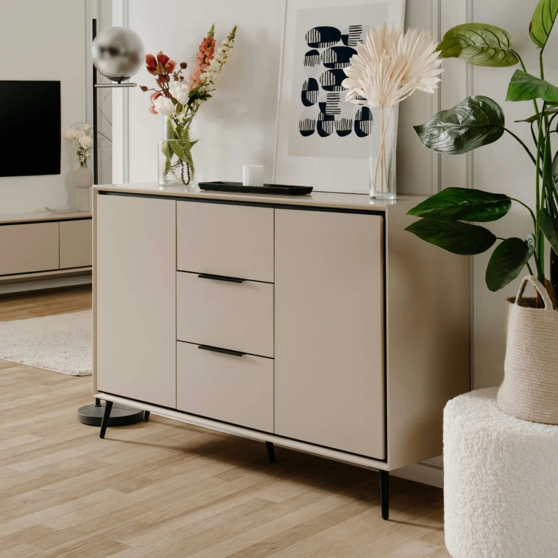 Buffet moderne taupe 2 portes 3 tiroirs AVIO