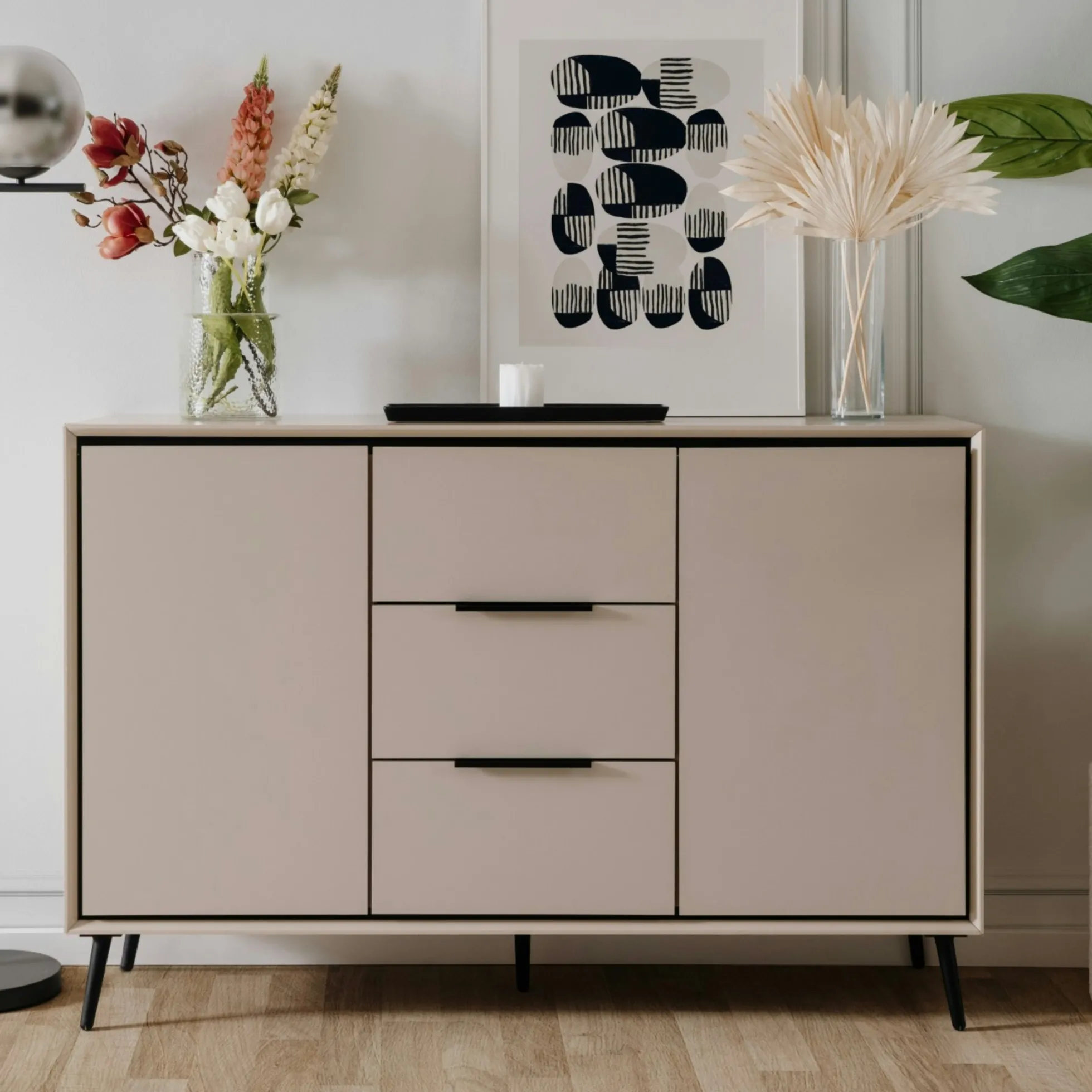 Buffet moderne taupe 2 portes 3 tiroirs AVIO
