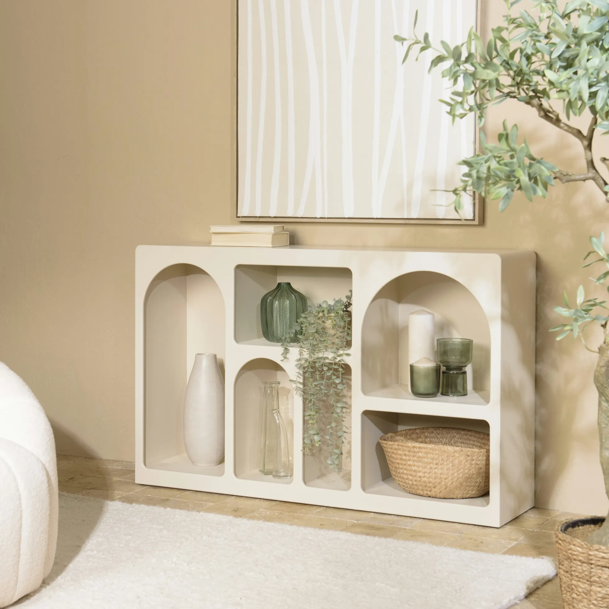 Buffet 6 niches 120x30cm en bois peint couleur beige NELIA