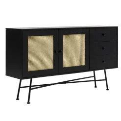 Buffet noir bohème avec cannage, 2 portes 3 tiroirs VAREN