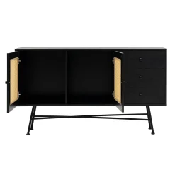 Buffet noir bohème avec cannage, 2 portes 3 tiroirs VAREN