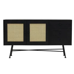 Buffet noir bohème avec cannage, 2 portes 3 tiroirs VAREN