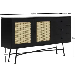 Buffet noir bohème avec cannage, 2 portes 3 tiroirs VAREN