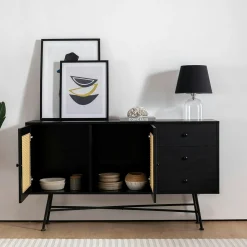 Buffet noir bohème avec cannage, 2 portes 3 tiroirs VAREN