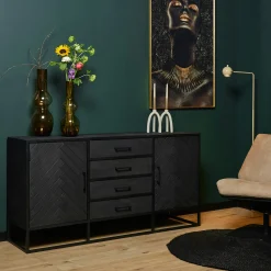Buffet noir en bois 2 portes motif chevron 165 cm ALVERA
