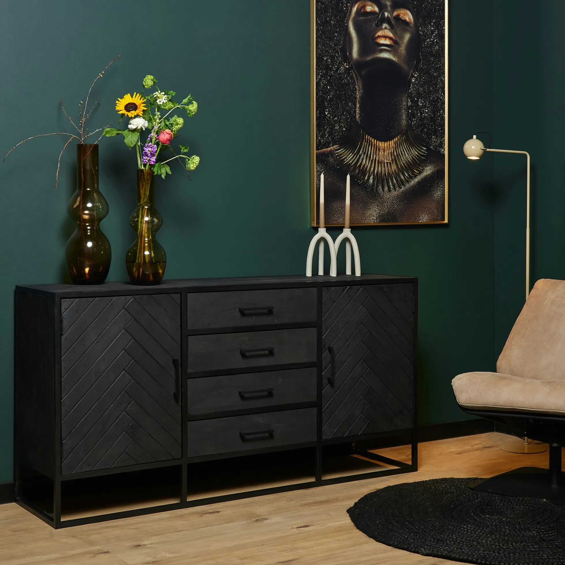 Buffet noir en bois 2 portes motif chevron 165 cm ALVERA