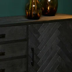 Buffet noir en bois 2 portes motif chevron 210 cm ALVERA