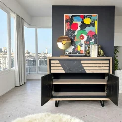 Buffet 2 portes chêne blanc décor graphique ESSEN