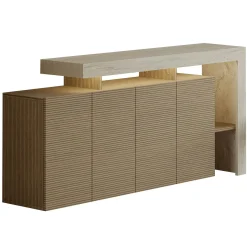 Buffet 4 portes décor bois et travertin cadre ouvert AURA