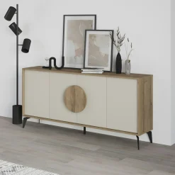 Buffet 4 portes décor chêne et sable poignée circulaire JENA