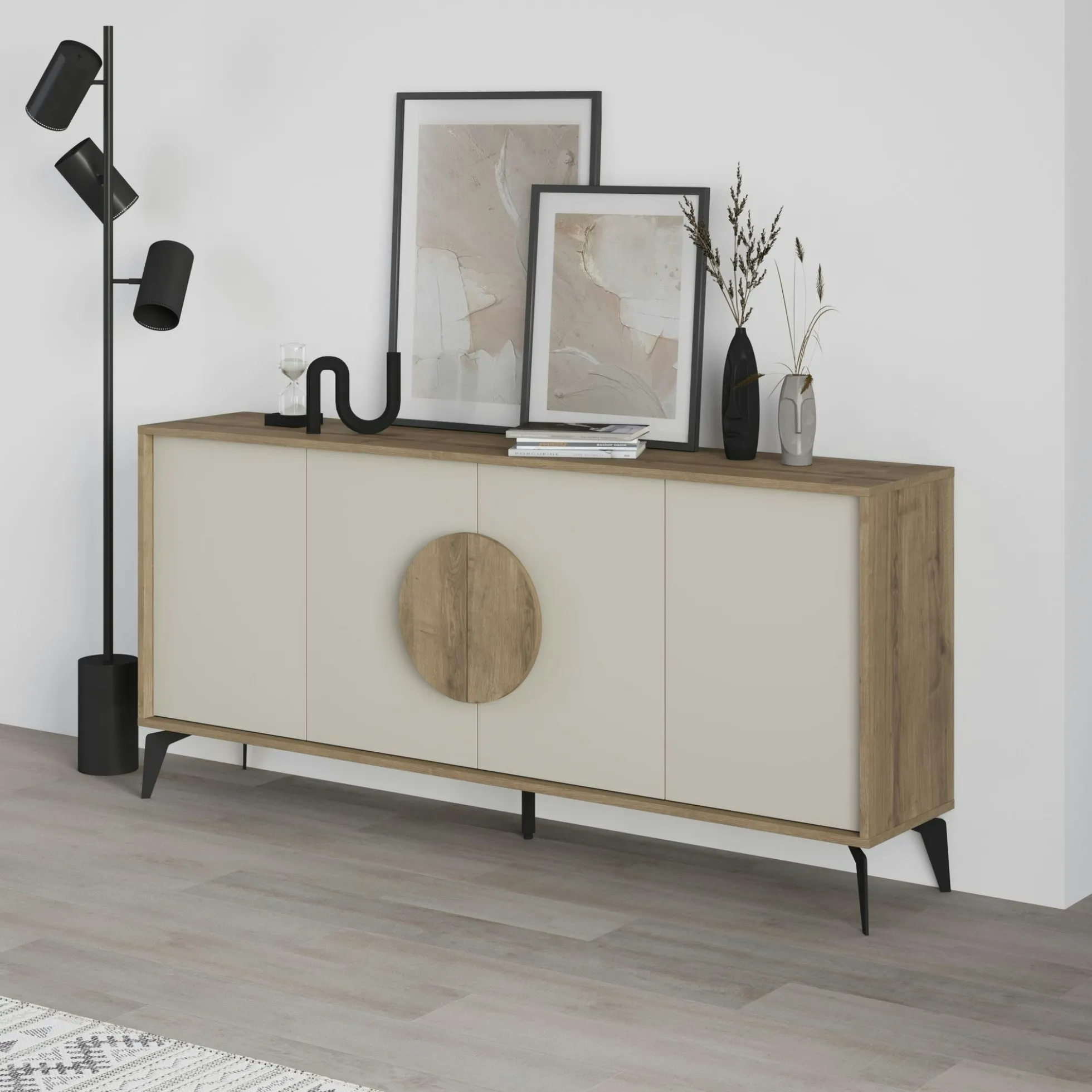 Buffet 4 portes décor chêne et sable poignée circulaire JENA