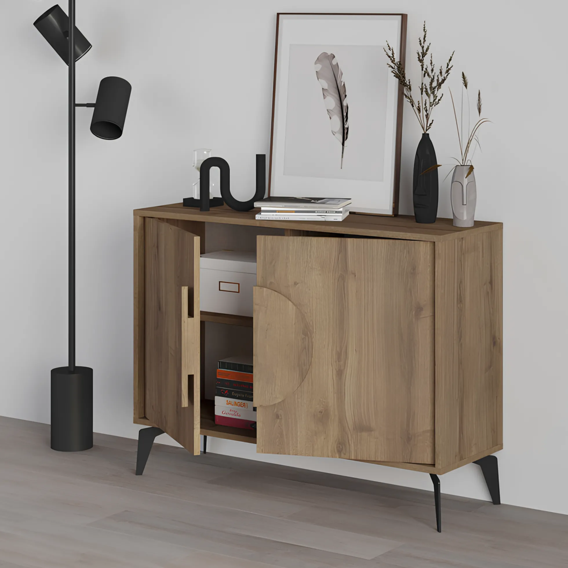 Buffet 2 portes décor chêne poignée circulaire JENA