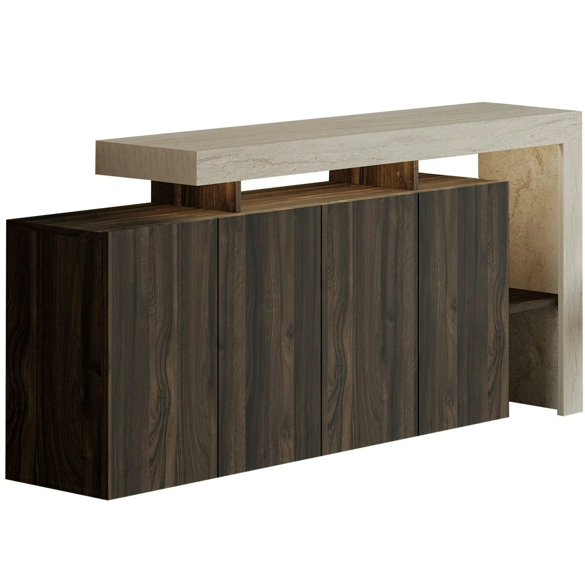 Buffet 4 portes décor noyer et travertin cadre ouvert AURA