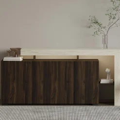 Buffet 4 portes décor noyer et travertin cadre ouvert AURA