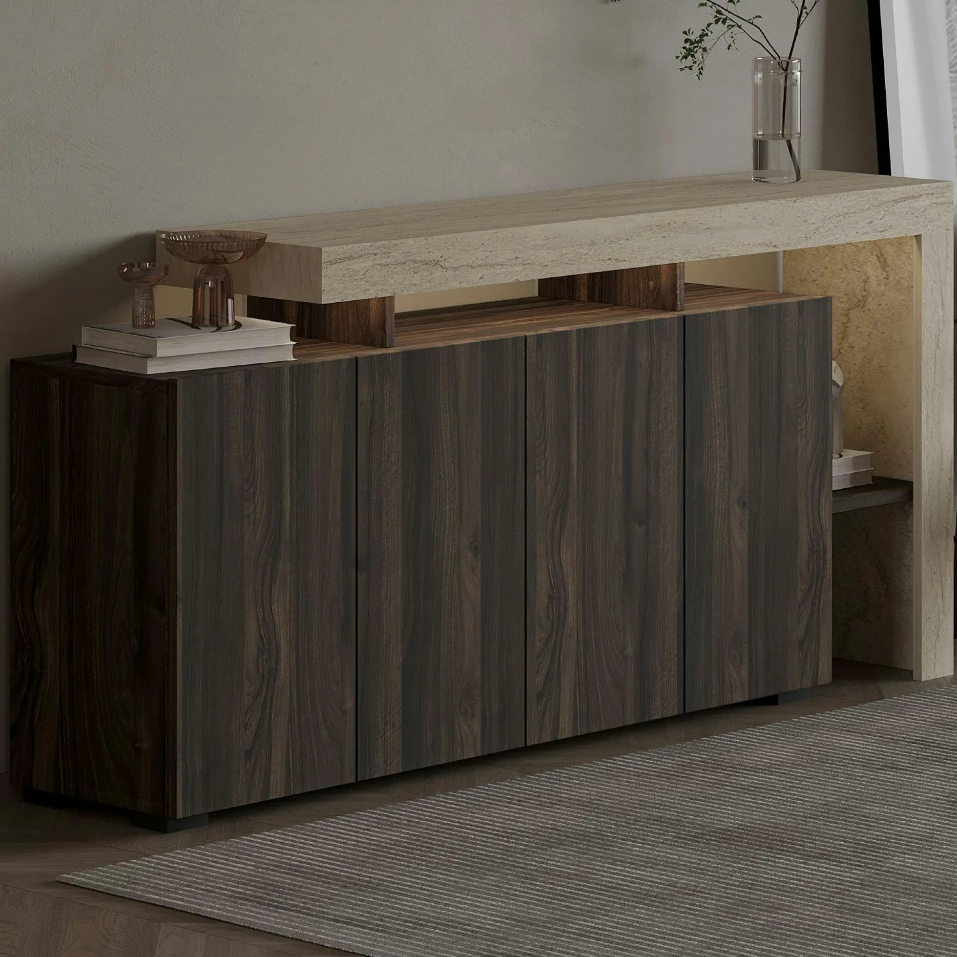 Buffet 4 portes décor noyer et travertin cadre ouvert AURA