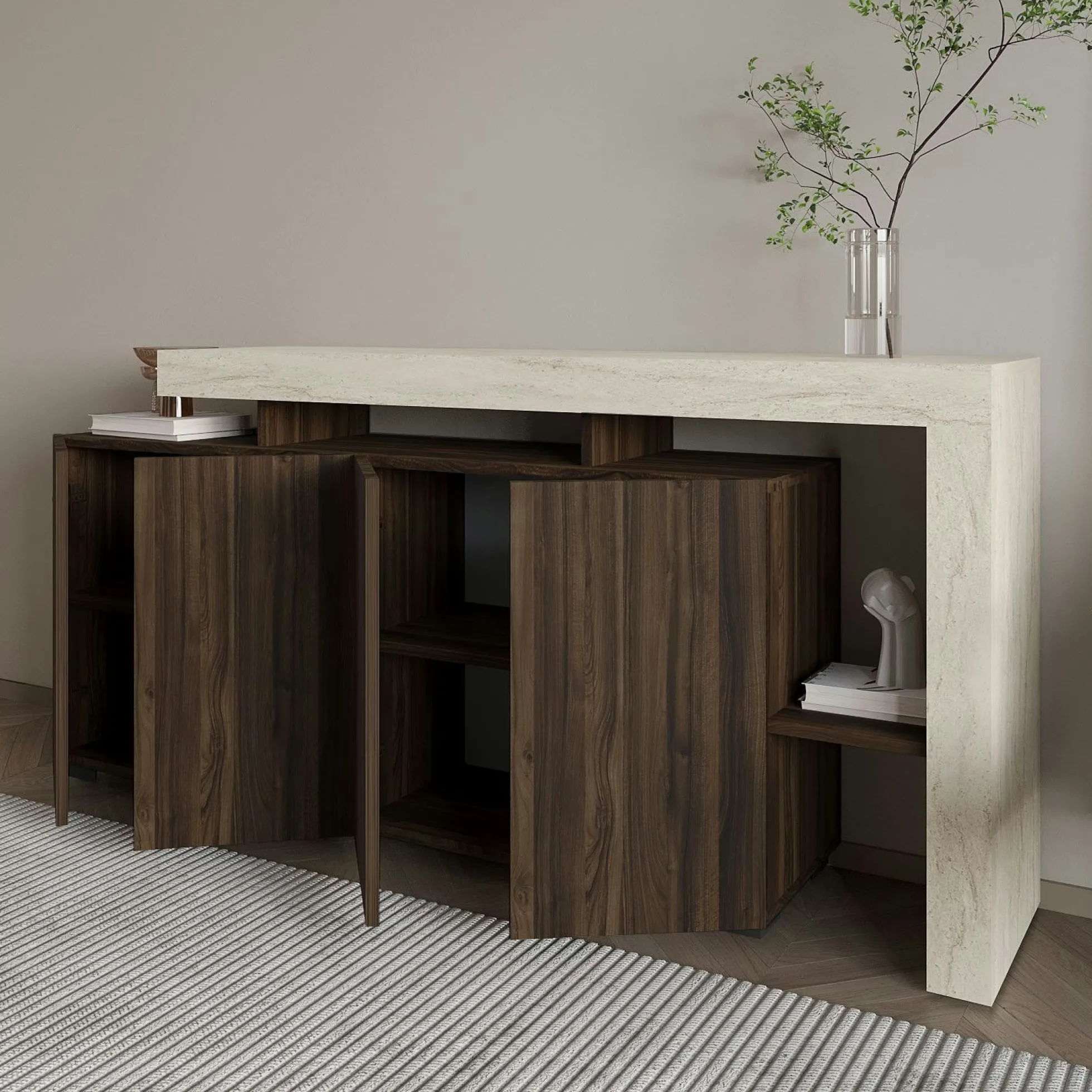 Buffet 4 portes décor noyer et travertin cadre ouvert AURA