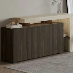 Buffet 4 portes décor noyer et travertin cadre ouvert AURA