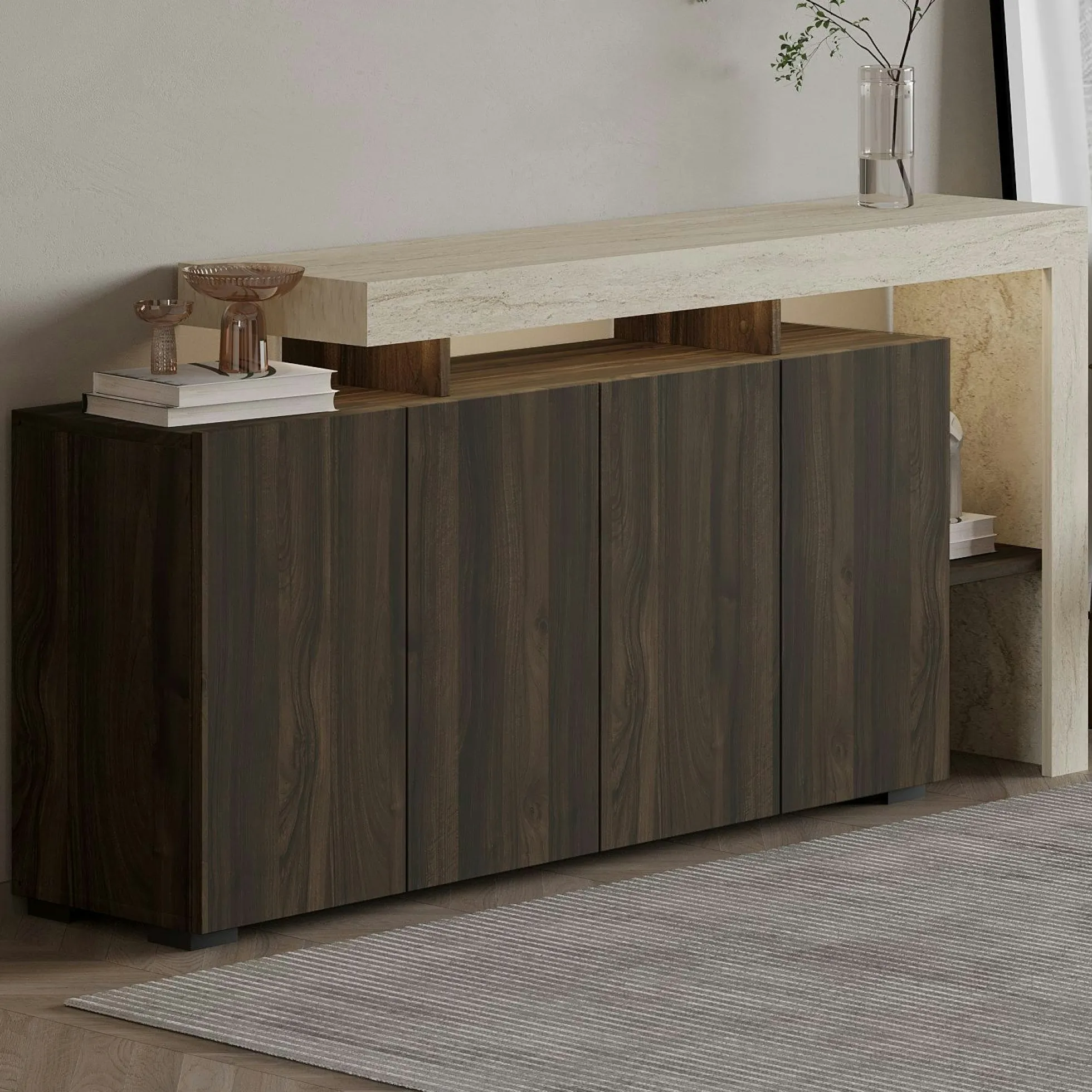 Buffet 4 portes décor noyer et travertin cadre ouvert AURA