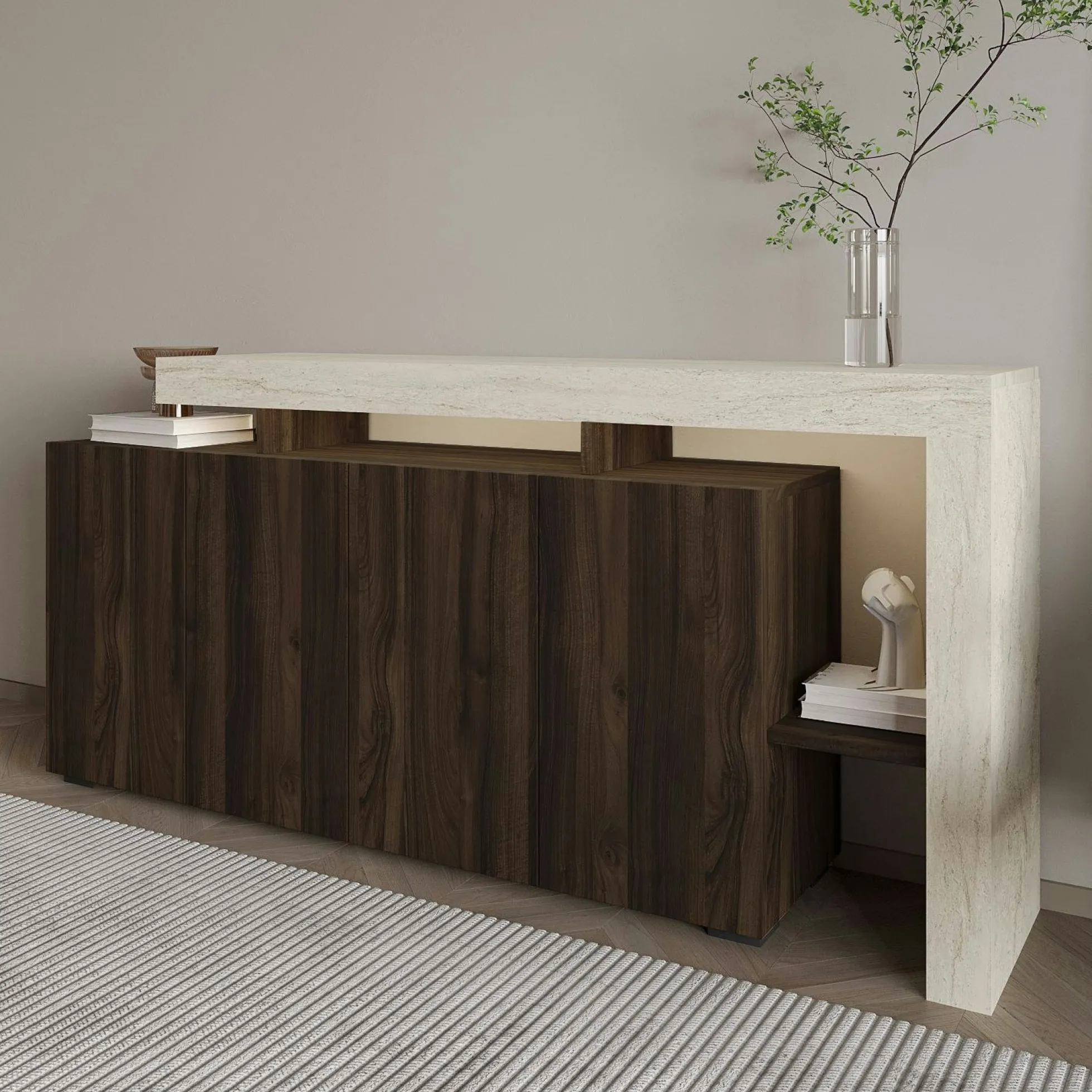 Buffet 4 portes décor noyer et travertin cadre ouvert AURA