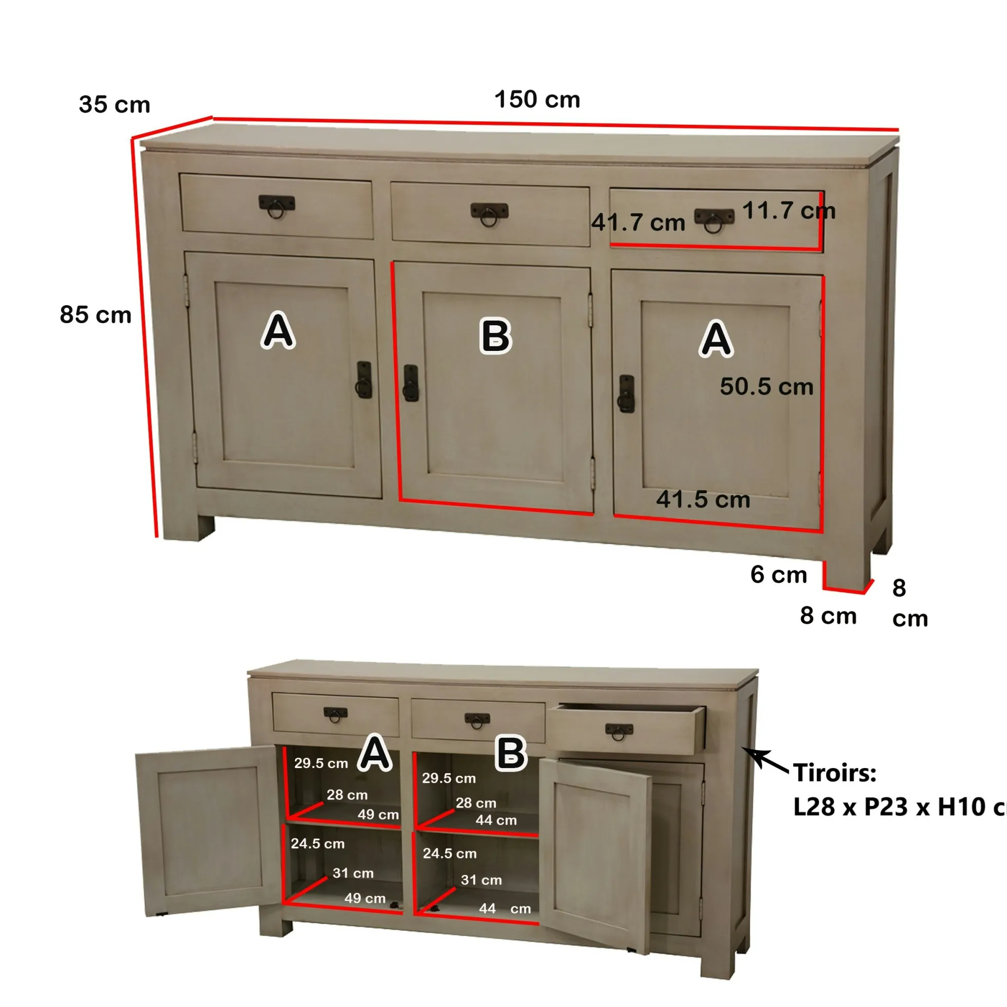 Buffet 3 portes exotique hévéa 150cm HELENA