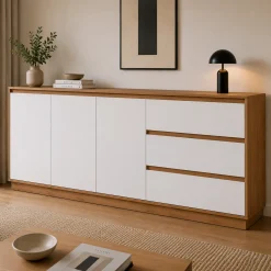 Buffet 3 portes 3 tiroirs décor bois et blanc ALVA
