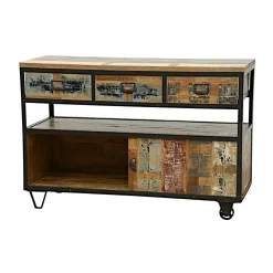 Buffet à roulettes 3 tiroirs, 1 porte coulissante, 1 niche ouverte en Hévéa recyclé coloré et métal 120x45x80cm LOFT COLORS