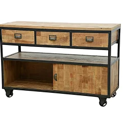 Buffet à roulettes 3 tiroirs, 1 porte coulissante, 1 grande niche ouverte en Hévéa recyclé naturel et métal 120x45x80cm LOFT