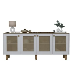 Buffet salle à manger blanc, cannage et effet noyer clair VAREN