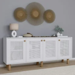 Buffet salle à manger blanc moderne, 4 portes cannage VAREN
