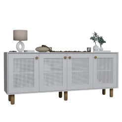 Buffet salle à manger blanc moderne, 4 portes cannage VAREN