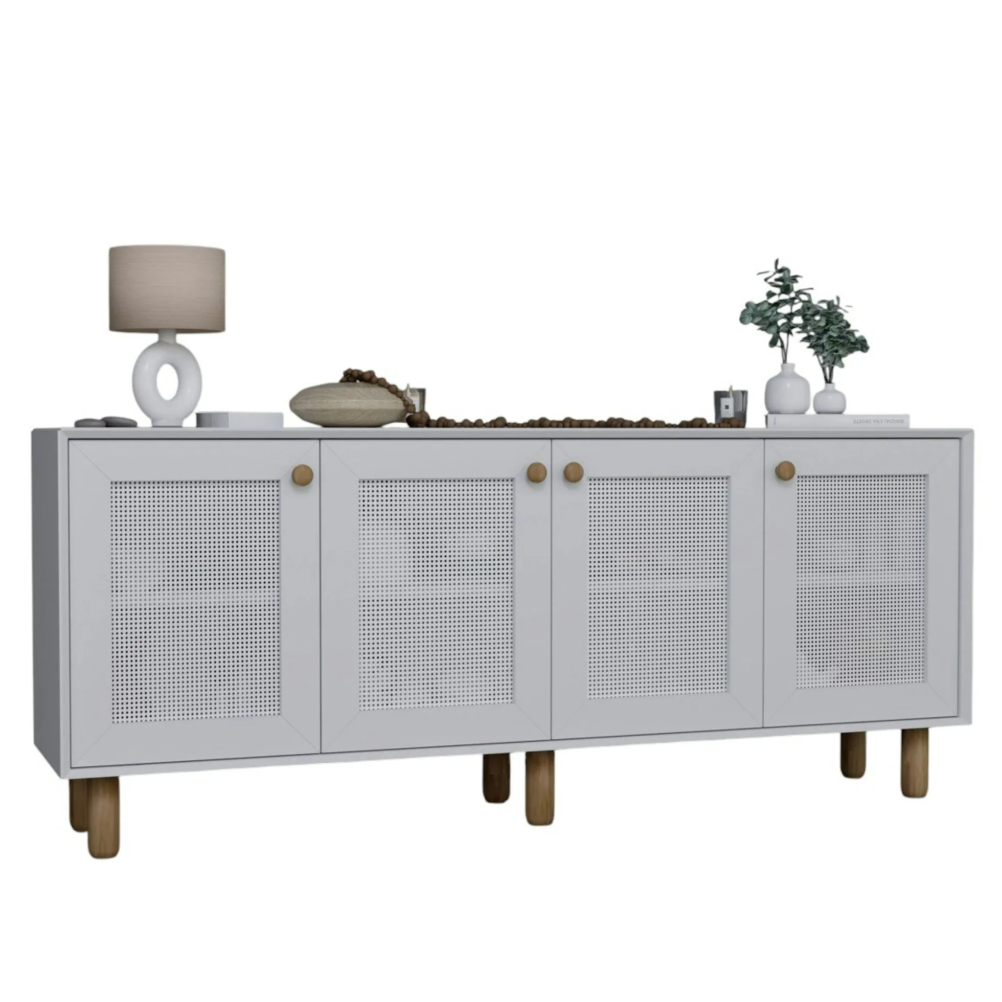 Buffet salle à manger blanc moderne, 4 portes cannage VAREN