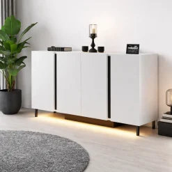 Buffet salle à manger blanc 4 portes LED AURA
