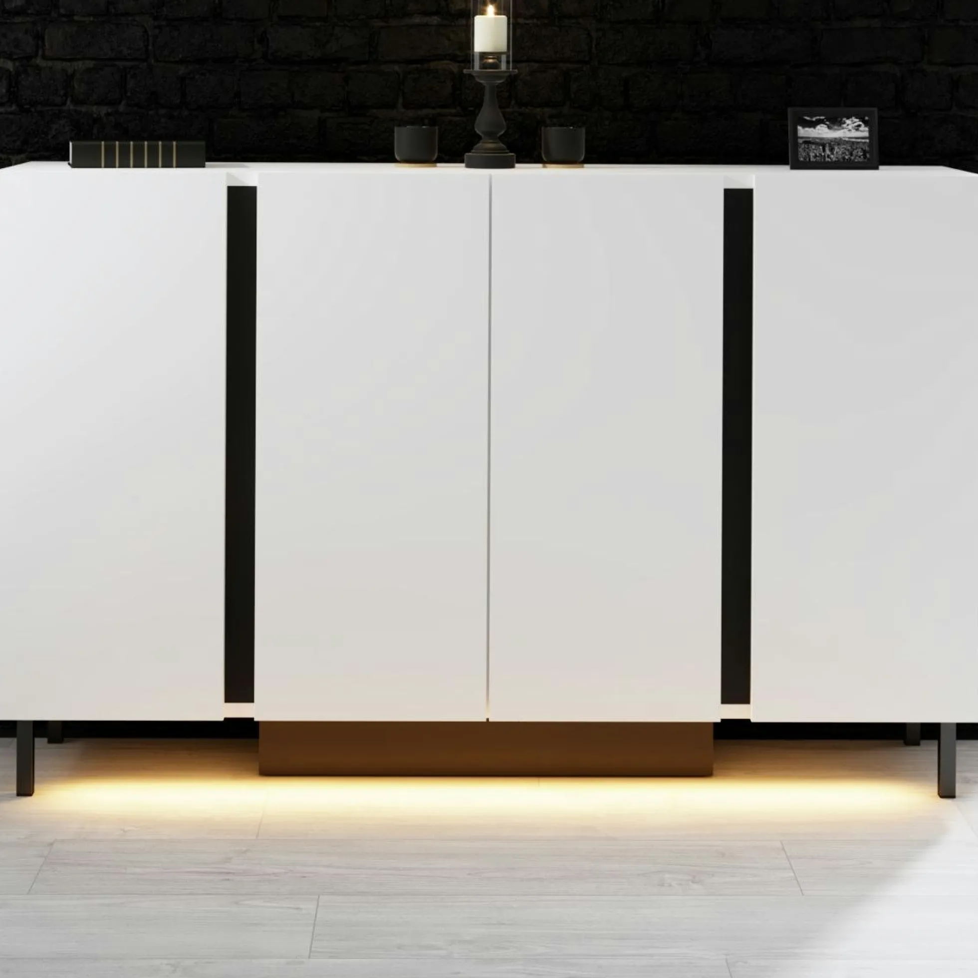 Buffet salle à manger blanc 4 portes LED AURA