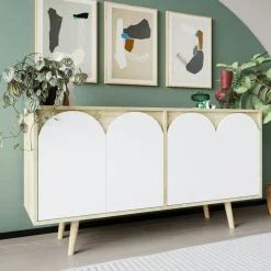 Buffet salle à manger effet bois 4 portes courbes blanches VAREN