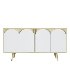 Buffet salle à manger effet bois 4 portes courbes blanches VAREN