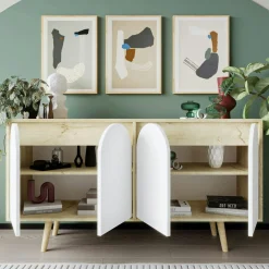 Buffet salle à manger effet bois 4 portes courbes blanches VAREN