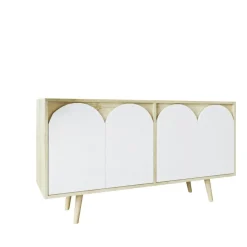 Buffet salle à manger effet bois 4 portes courbes blanches VAREN