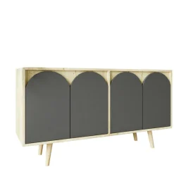 Buffet salle à manger effet bois 4 portes courbes grises VAREN