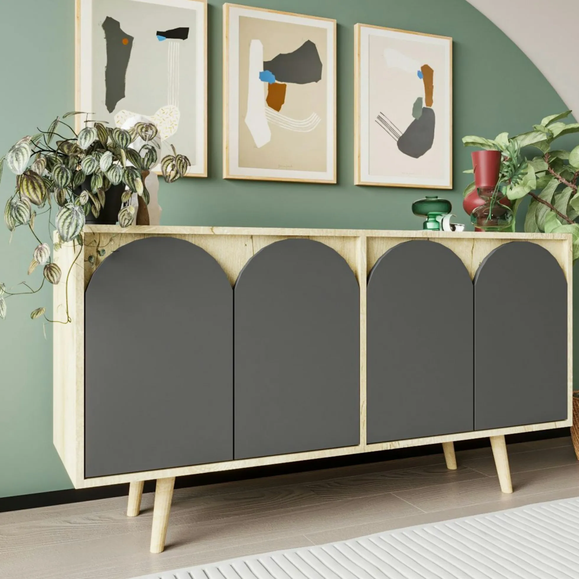 Buffet salle à manger effet bois 4 portes courbes grises VAREN