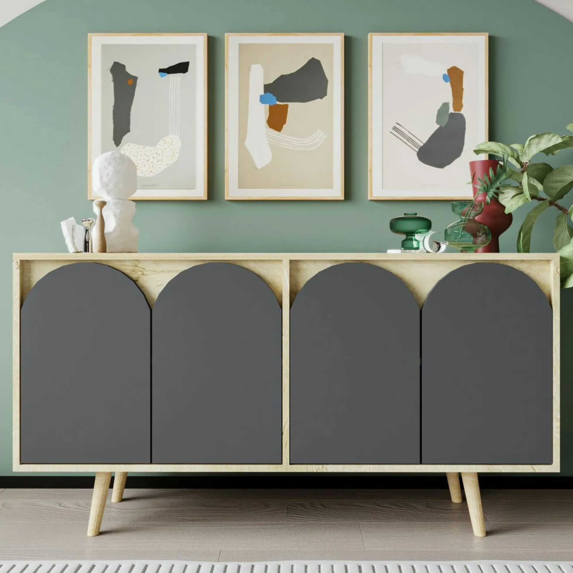 Buffet salle à manger effet bois 4 portes courbes grises VAREN
