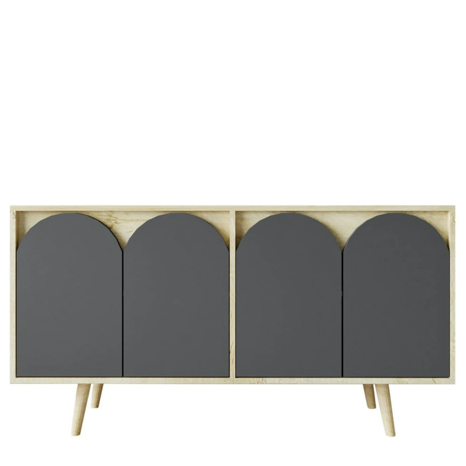 Buffet salle à manger effet bois 4 portes courbes grises VAREN