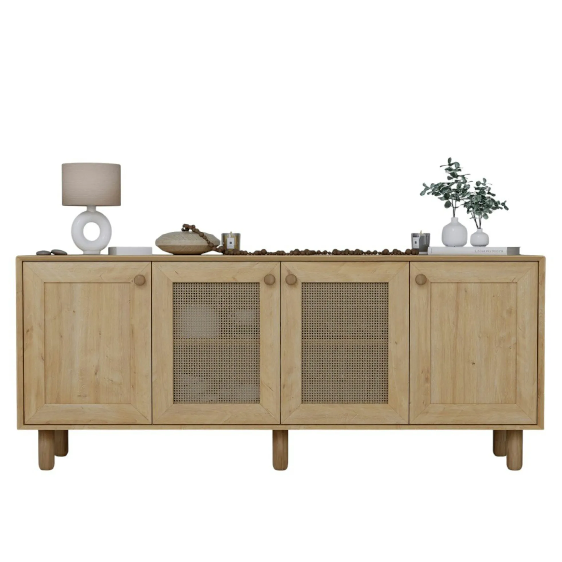Buffet salle à manger moderne effet bois détail cannage VAREN