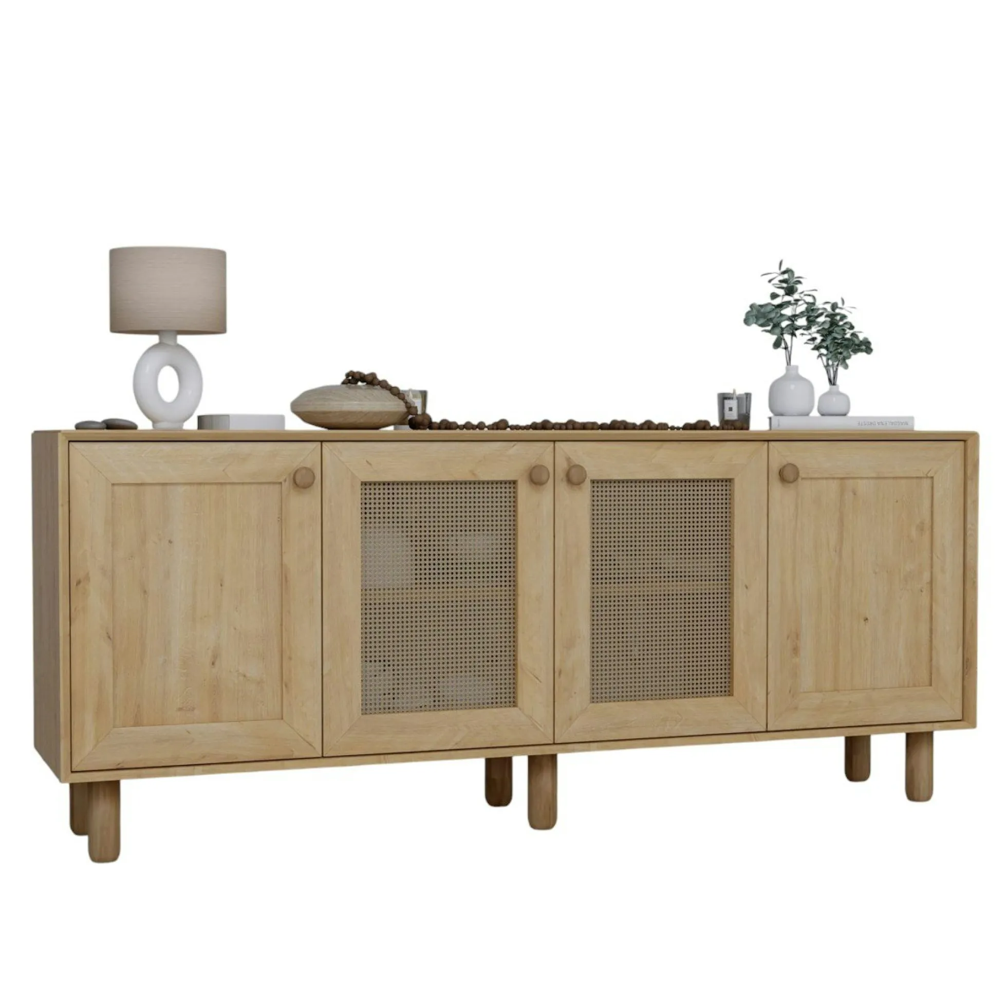Buffet salle à manger moderne effet bois détail cannage VAREN