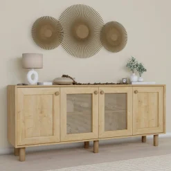 Buffet salle à manger moderne effet bois détail cannage VAREN